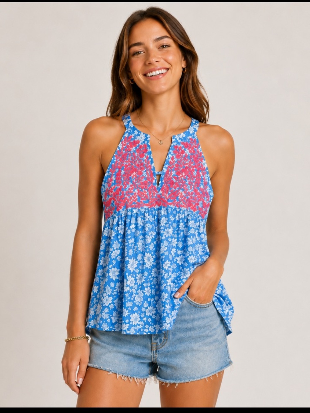THML Blue Floral Embroidered Halter Tank Top Pink Boho Cotton Size S